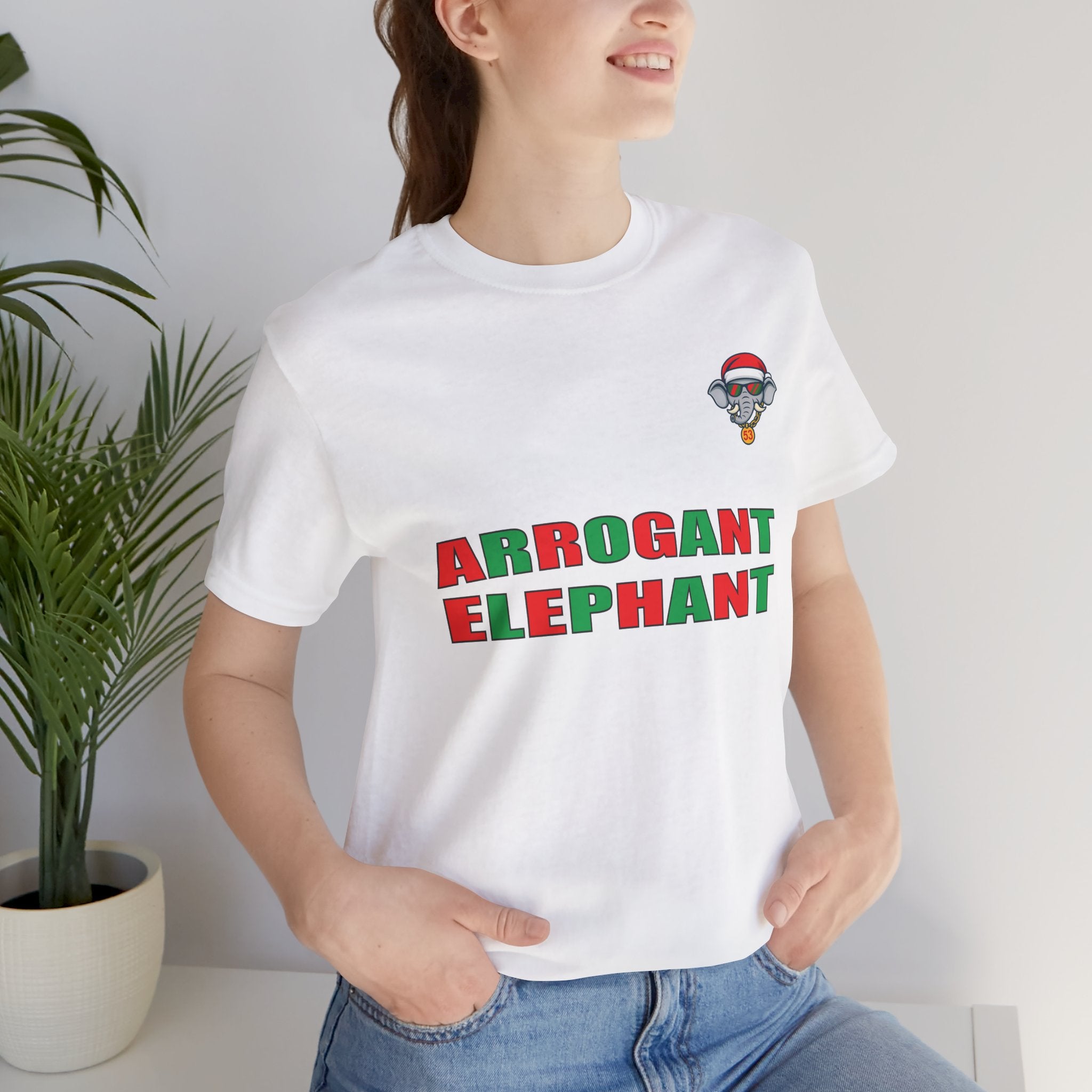 Arrogant Elephant Adult Christmas Tee — Retro Santa Elephant Holiday T-Shirt
