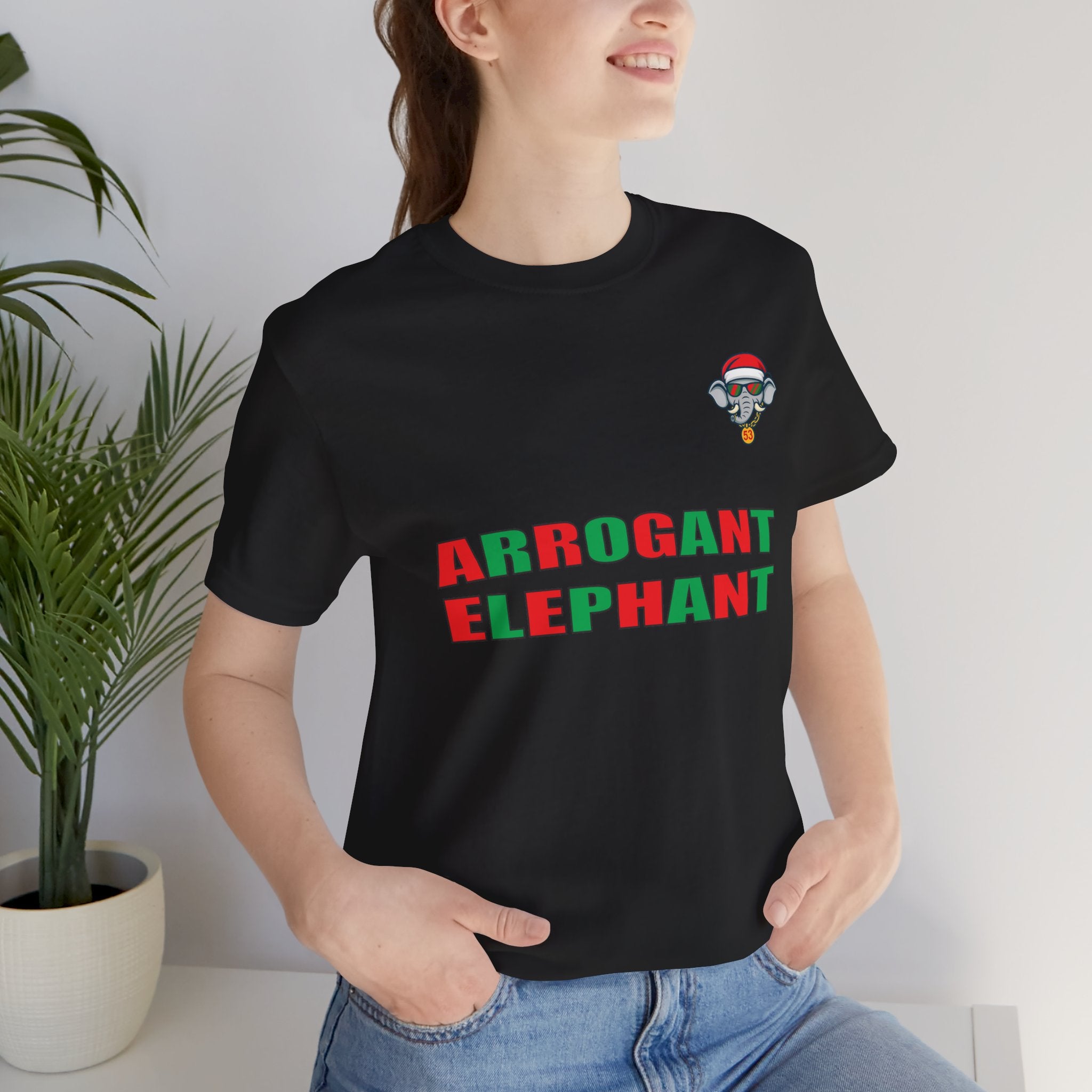 Arrogant Elephant Adult Christmas Tee — Retro Santa Elephant Holiday T-Shirt