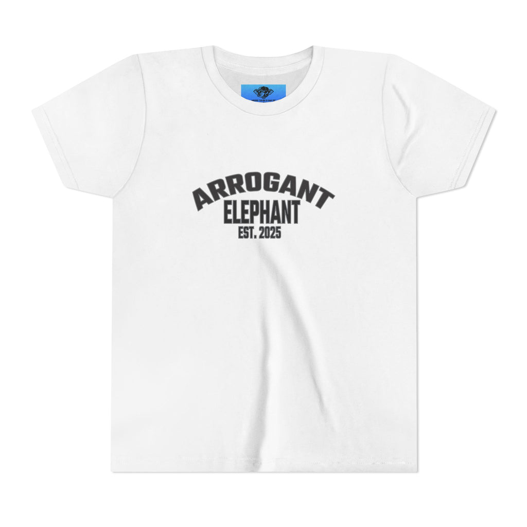 Arrogant Elephant Youth Tee — Retro Collegiate "Arrogant Elephant Est. 2025" Kids Shirt