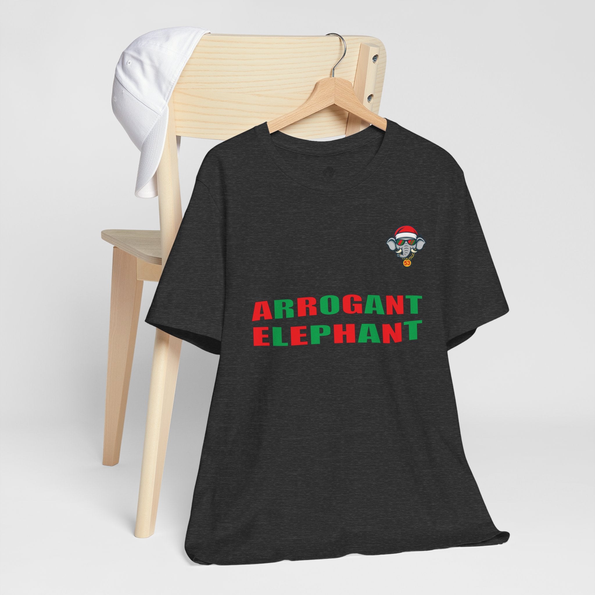 Arrogant Elephant Adult Christmas Tee — Retro Santa Elephant Holiday T-Shirt