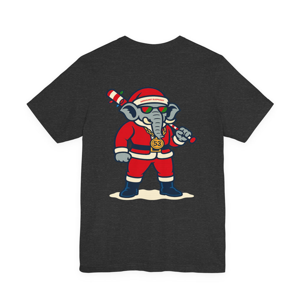 Arrogant Elephant Adult Christmas Tee — Retro Santa Elephant Holiday T-Shirt