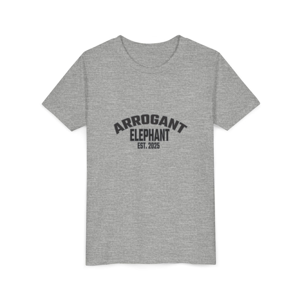 Arrogant Elephant Youth Tee — Retro Collegiate "Arrogant Elephant Est. 2025" Kids Shirt
