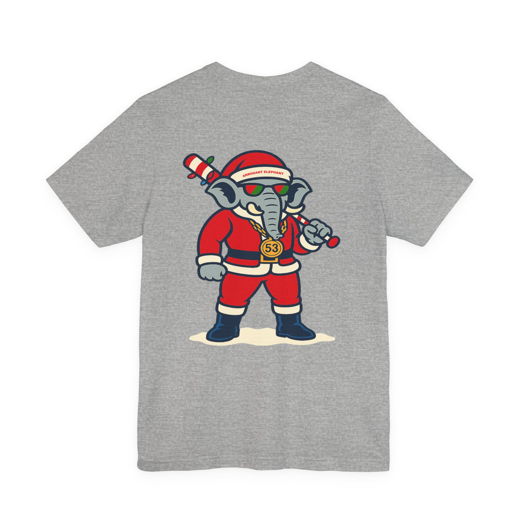 Arrogant Elephant Adult Christmas Tee — Retro Santa Elephant Holiday T-Shirt