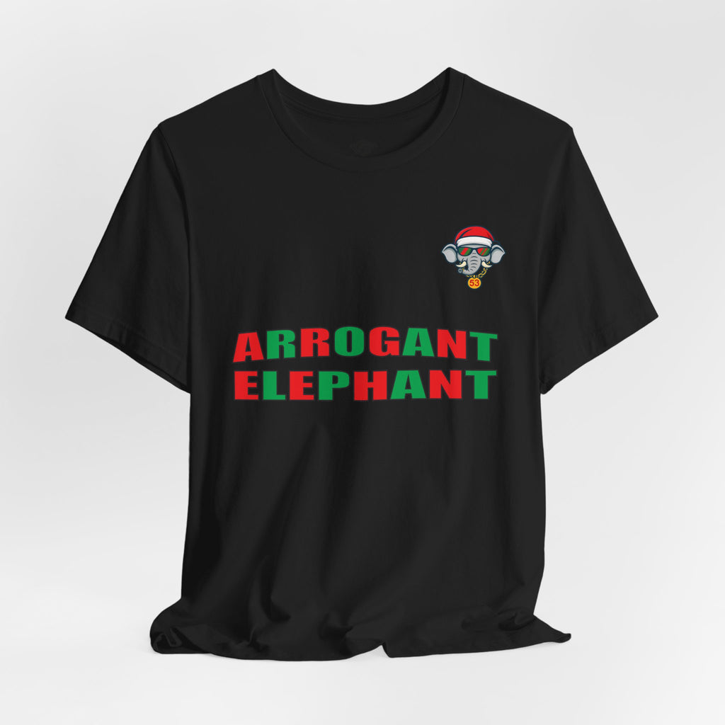 Arrogant Elephant Adult Christmas Tee — Retro Santa Elephant Holiday T-Shirt