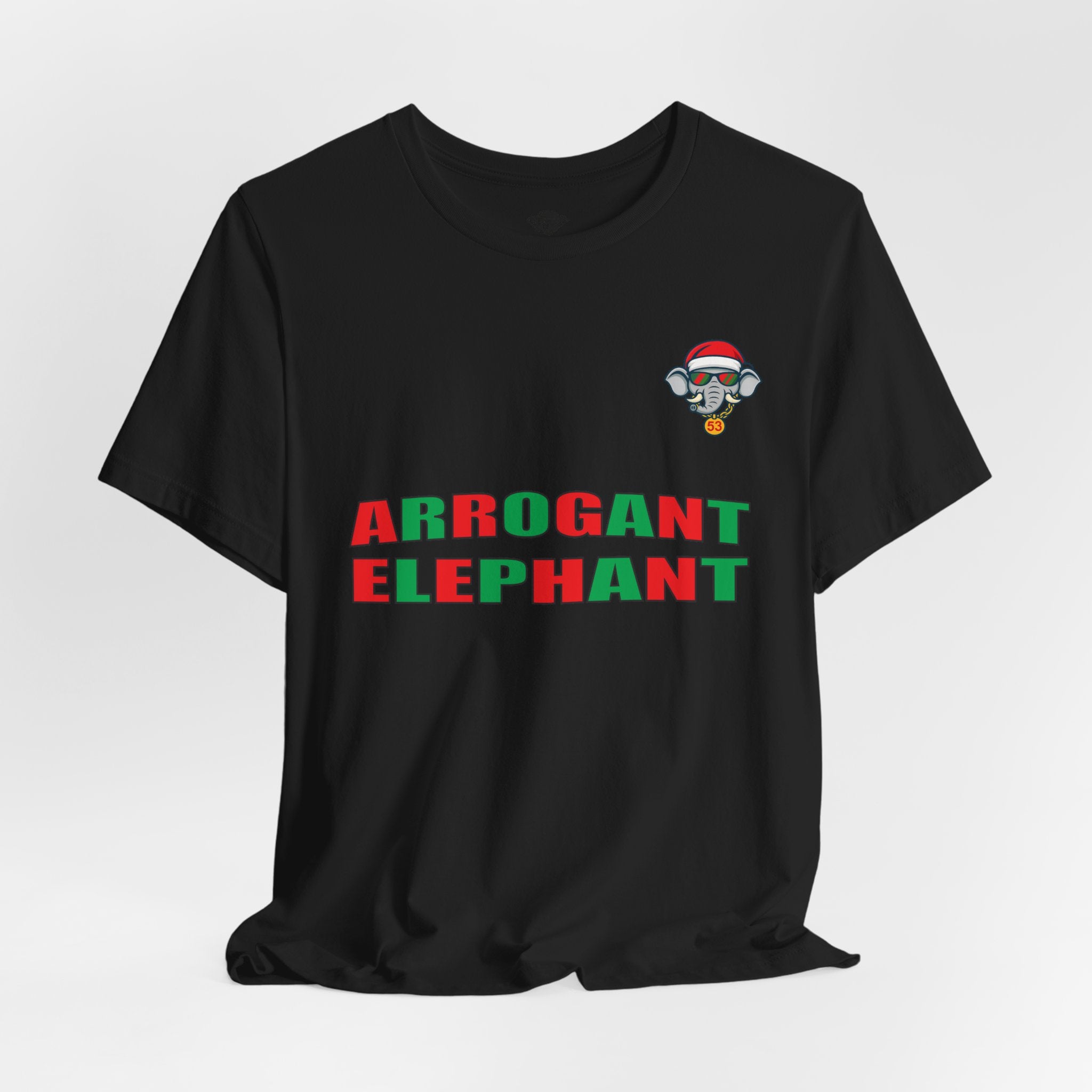 Arrogant Elephant Adult Christmas Tee — Retro Santa Elephant Holiday T-Shirt