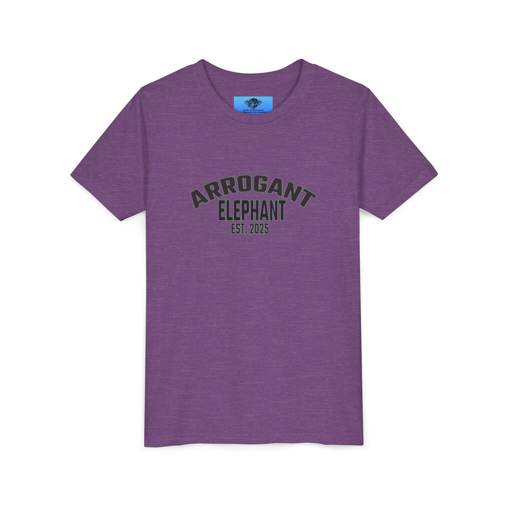 Arrogant Elephant Youth Tee — Retro Collegiate "Arrogant Elephant Est. 2025" Kids Shirt