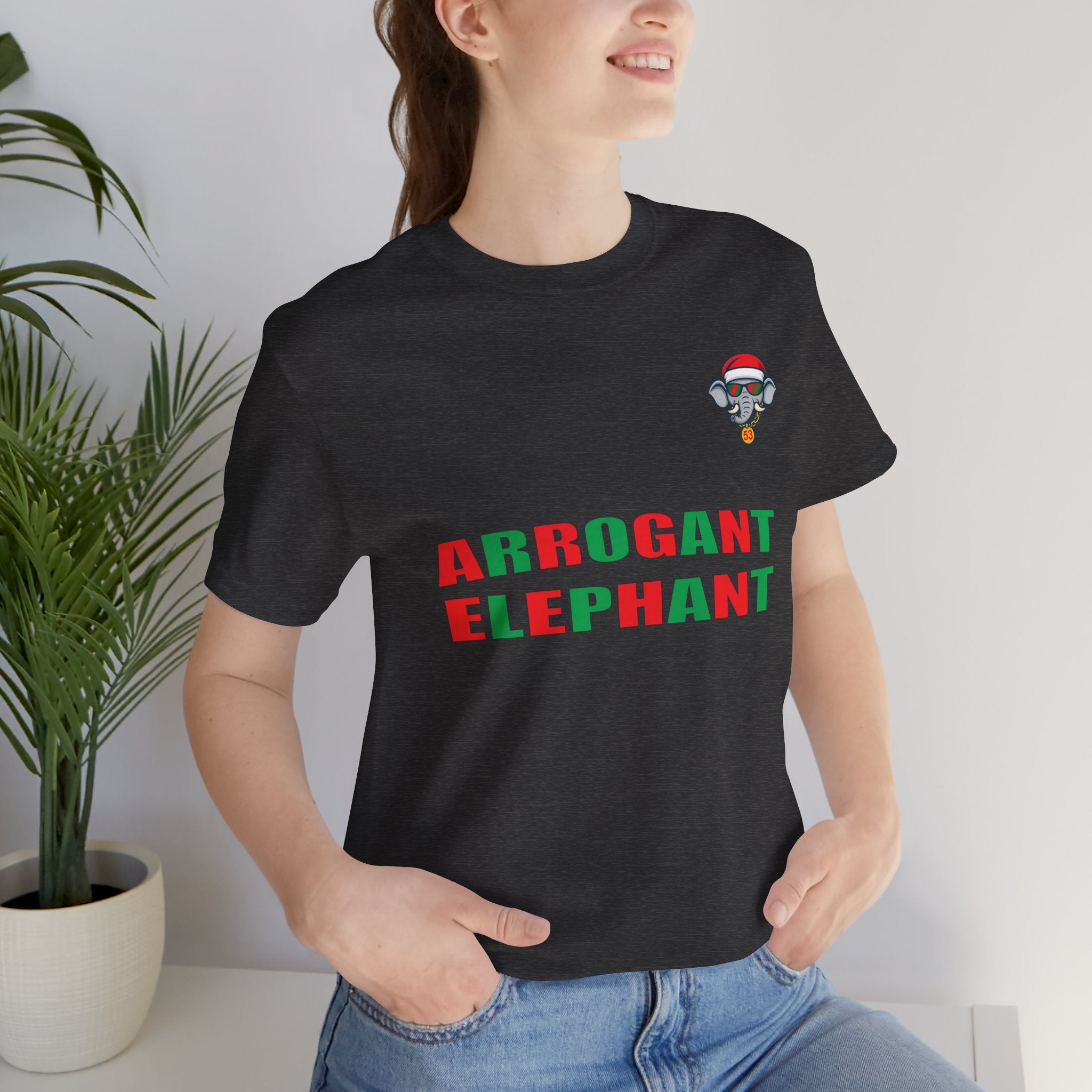 Arrogant Elephant Adult Christmas Tee — Retro Santa Elephant Holiday T-Shirt