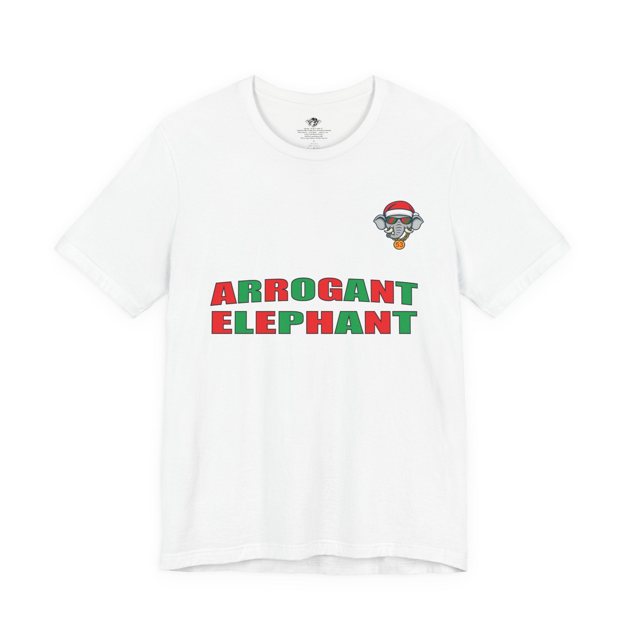 Arrogant Elephant Adult Christmas Tee — Retro Santa Elephant Holiday T-Shirt