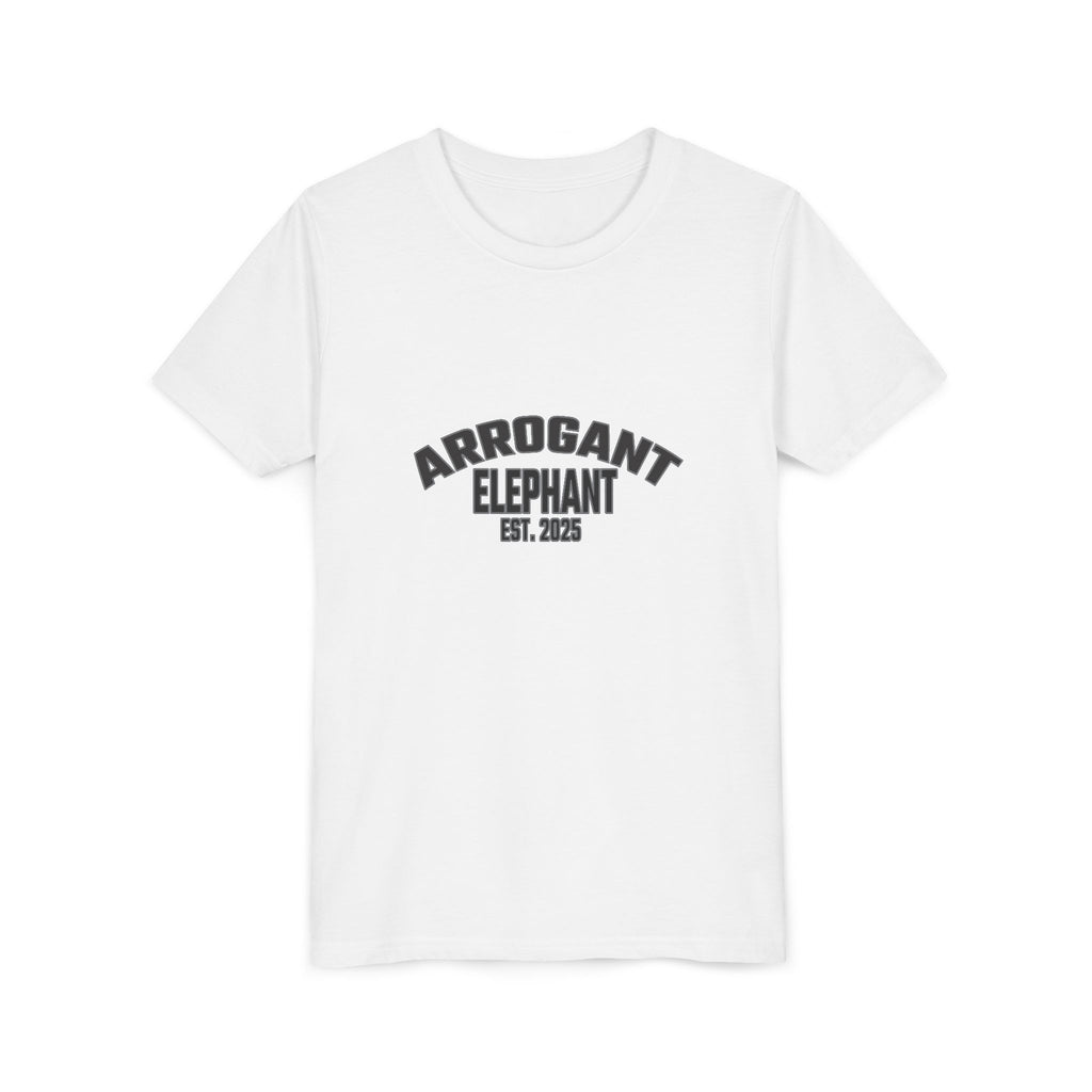 Arrogant Elephant Youth Tee — Retro Collegiate "Arrogant Elephant Est. 2025" Kids Shirt