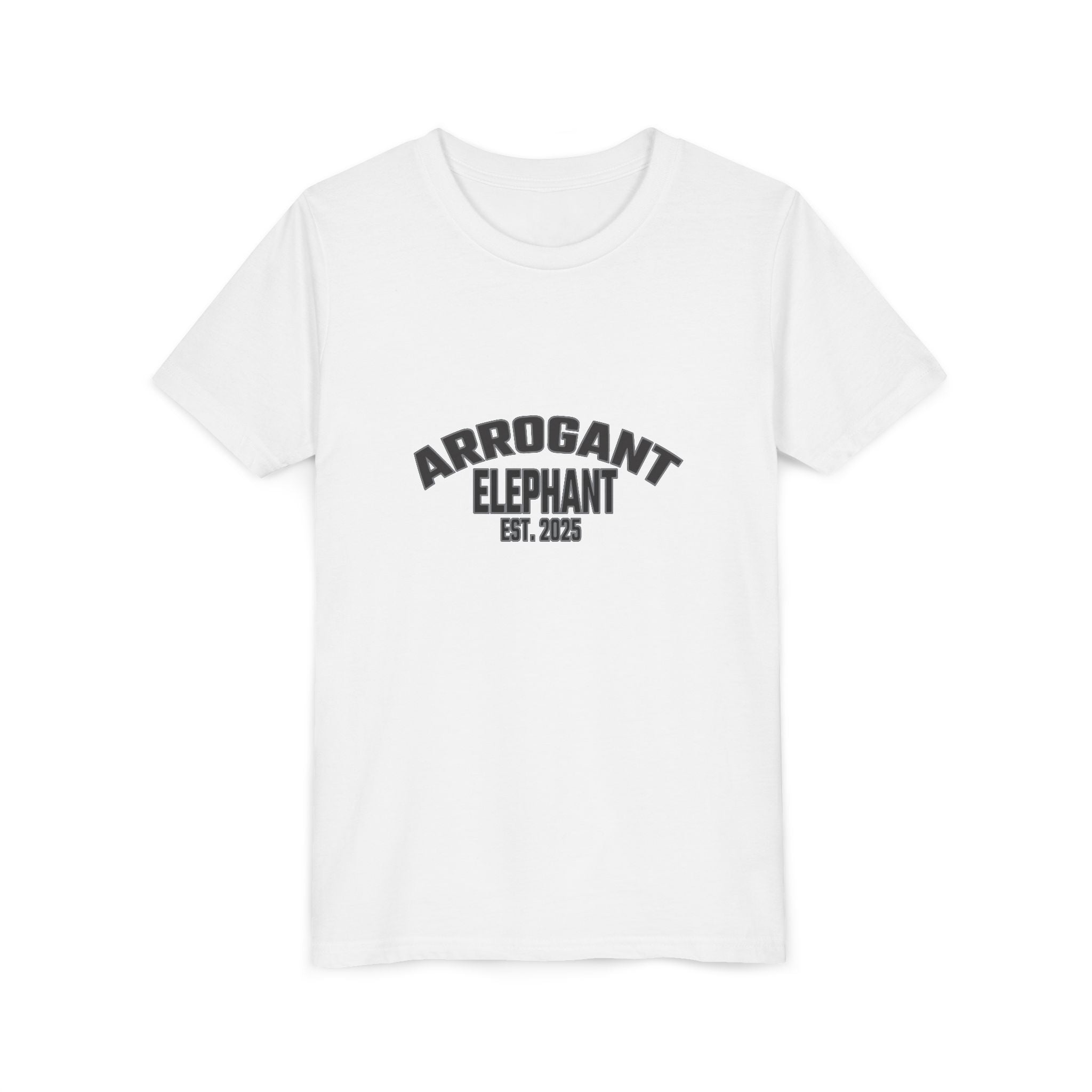 Arrogant Elephant Youth Tee — Retro Collegiate "Arrogant Elephant Est. 2025" Kids Shirt