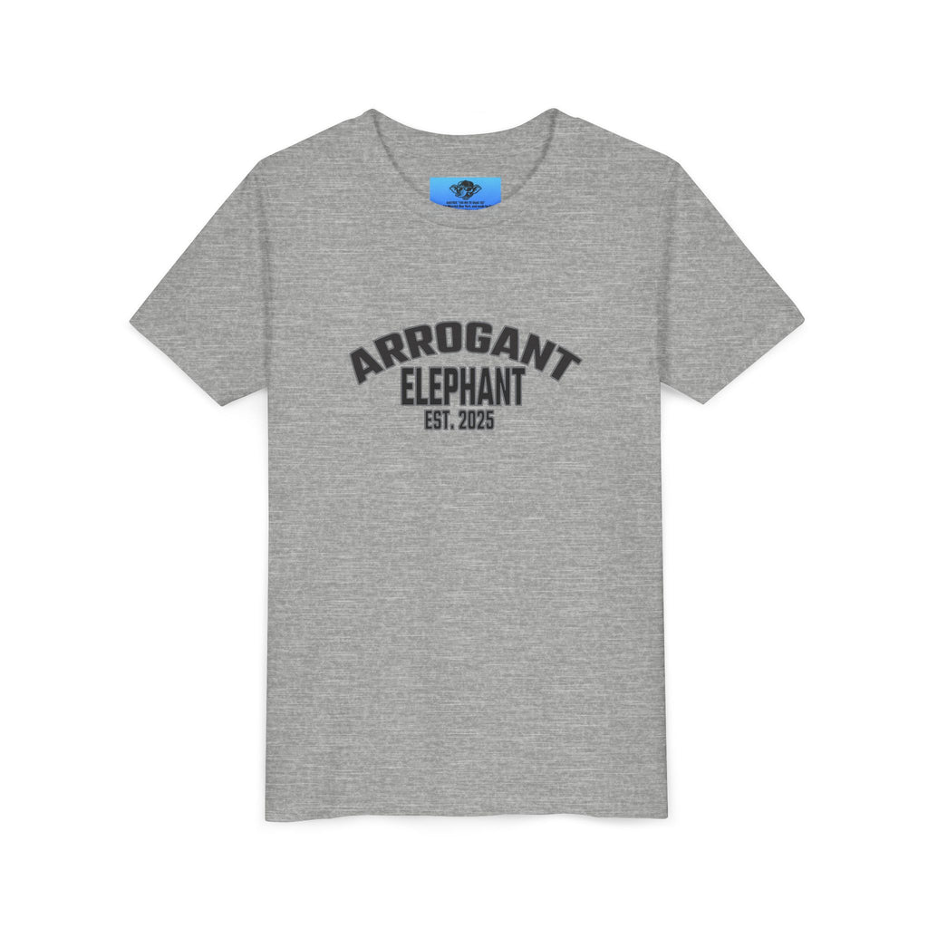 Arrogant Elephant Youth Tee — Retro Collegiate "Arrogant Elephant Est. 2025" Kids Shirt