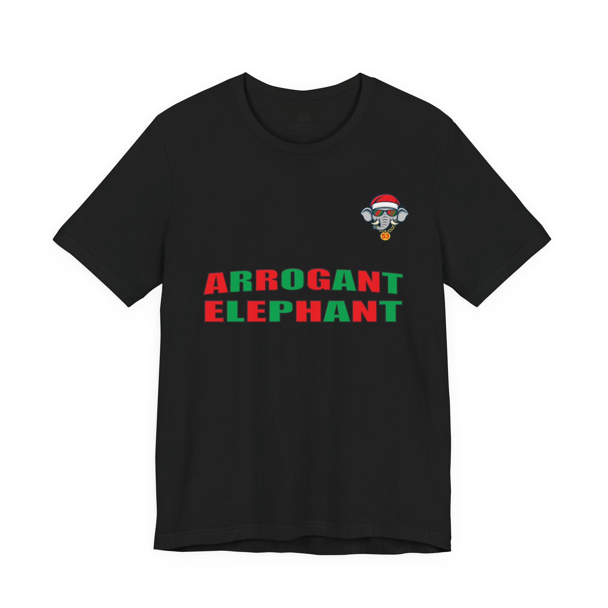 Arrogant Elephant Adult Christmas Tee — Retro Santa Elephant Holiday T-Shirt