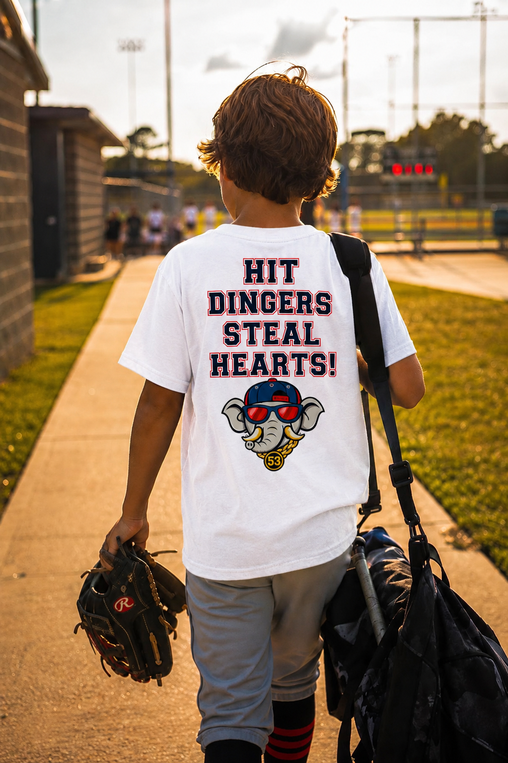 Arrogant Elephant™ Youth Baseball Shirt – Hit Dingers Steal Hearts Tee