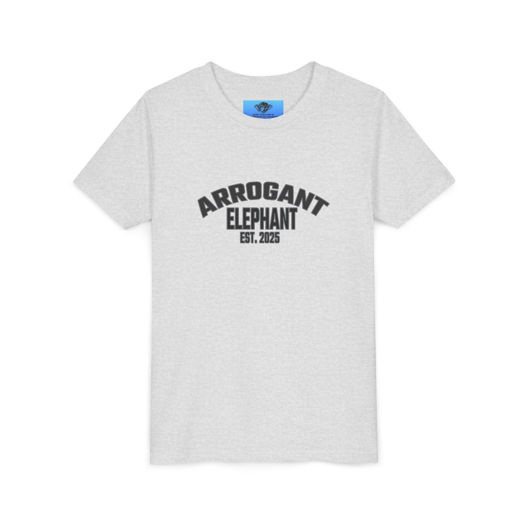 Arrogant Elephant Youth Tee — Retro Collegiate "Arrogant Elephant Est. 2025" Kids Shirt
