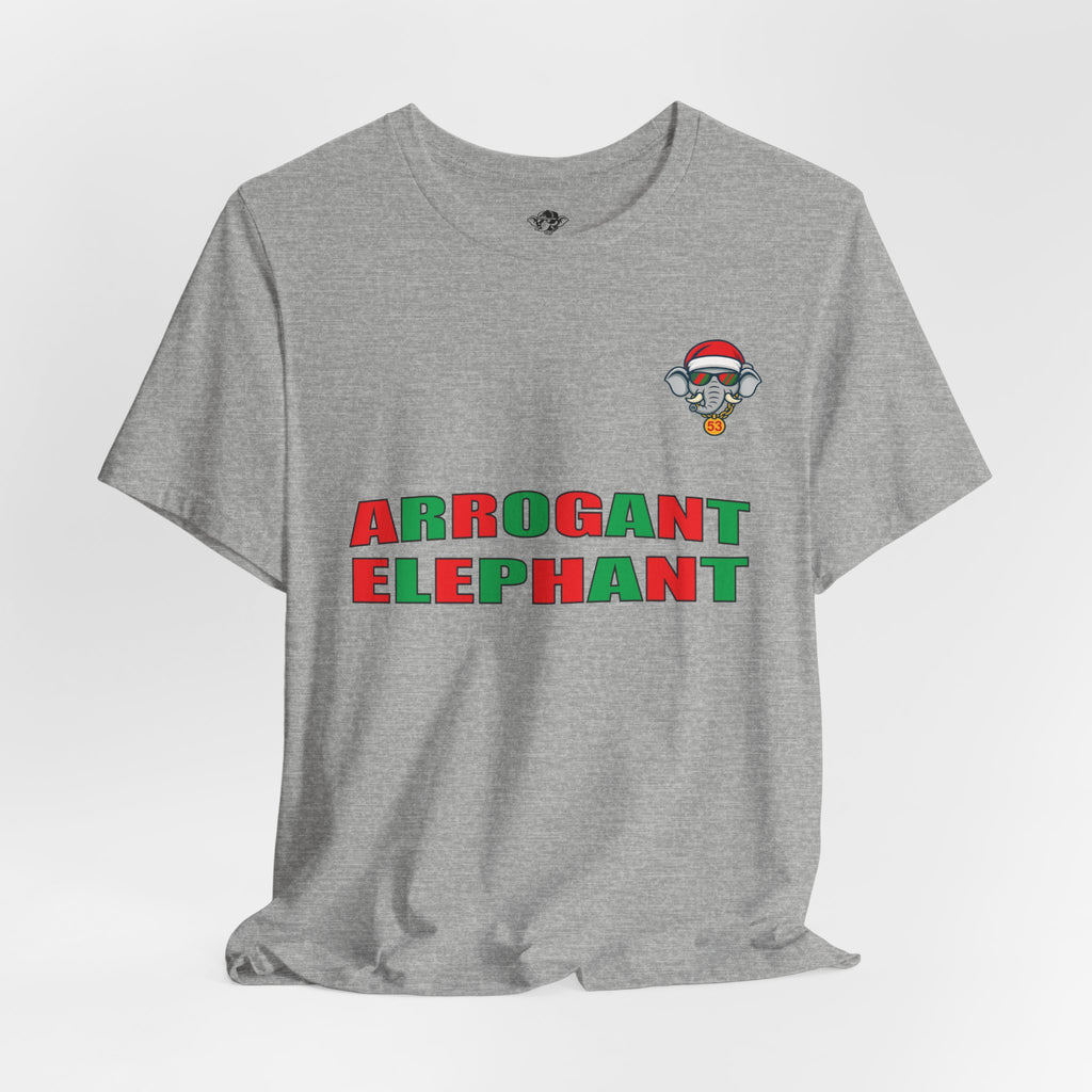 Arrogant Elephant Adult Christmas Tee — Retro Santa Elephant Holiday T-Shirt