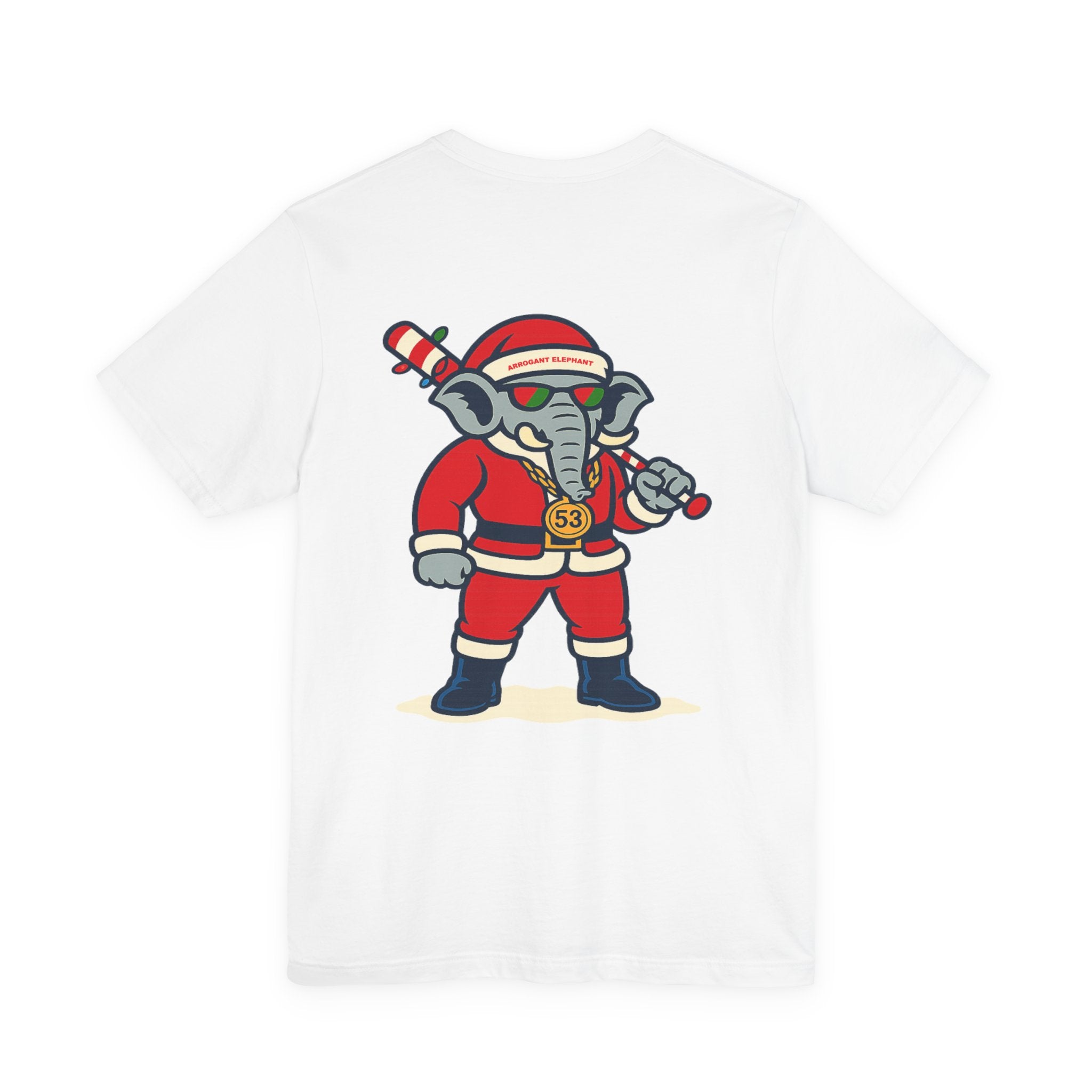Arrogant Elephant Adult Christmas Tee — Retro Santa Elephant Holiday T-Shirt