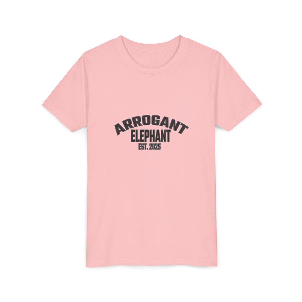 Arrogant Elephant Youth Tee — Retro Collegiate "Arrogant Elephant Est. 2025" Kids Shirt