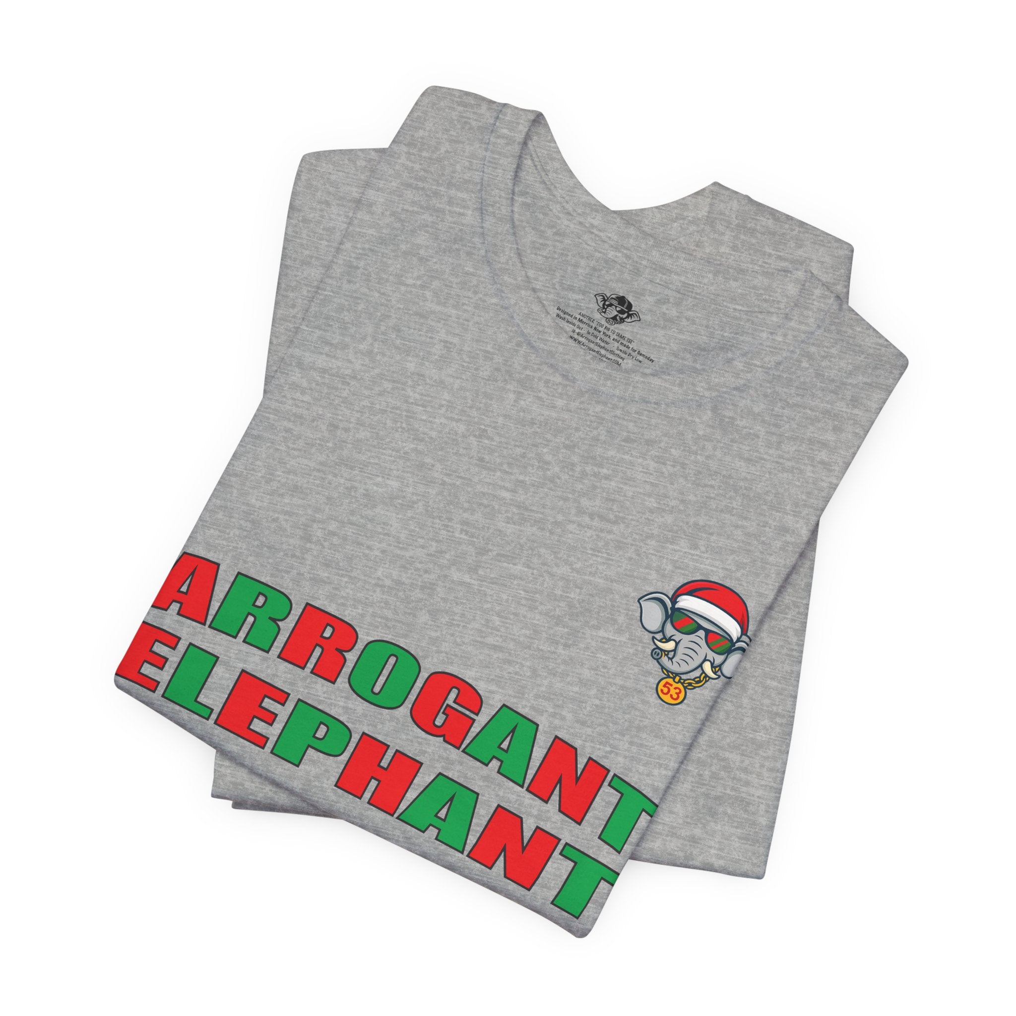 Arrogant Elephant Adult Christmas Tee — Retro Santa Elephant Holiday T-Shirt