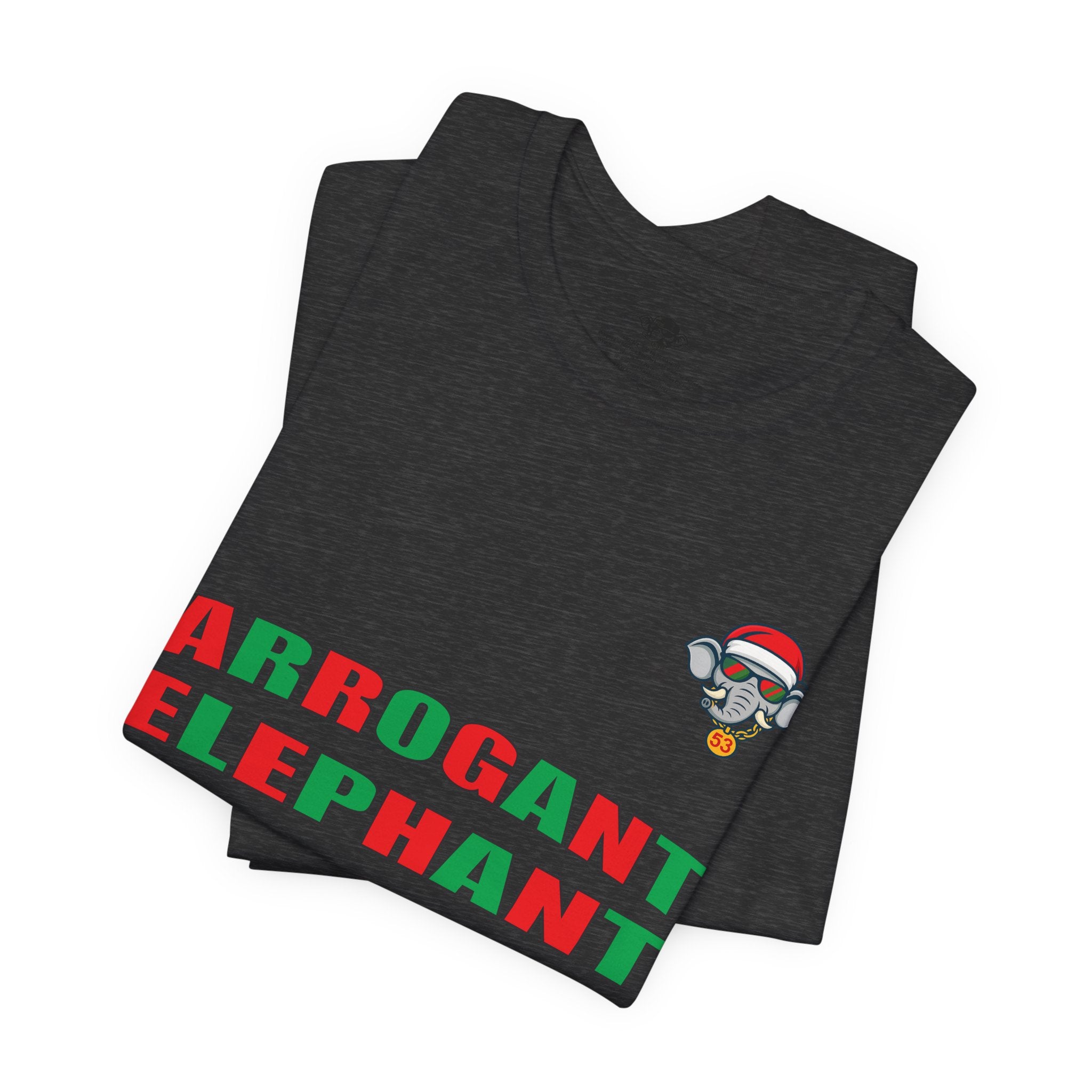 Arrogant Elephant Adult Christmas Tee — Retro Santa Elephant Holiday T-Shirt