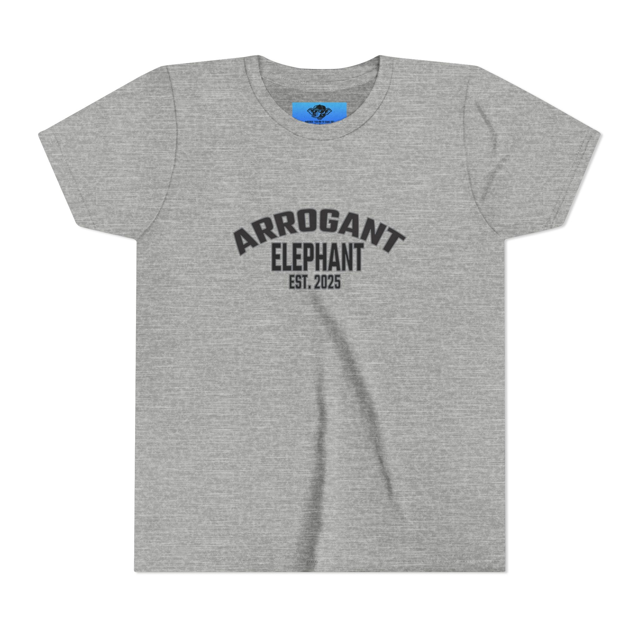 Arrogant Elephant Youth Tee — Retro Collegiate "Arrogant Elephant Est. 2025" Kids Shirt
