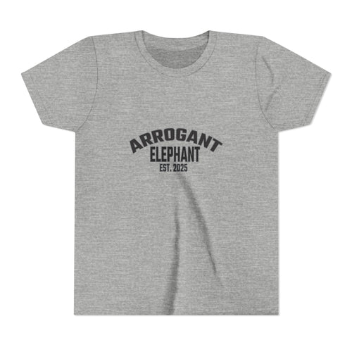 Arrogant Elephant Youth Tee — Retro Collegiate "Arrogant Elephant Est. 2025" Kids Shirt