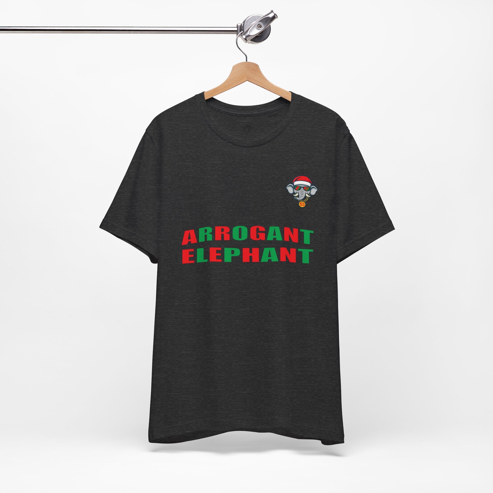 Arrogant Elephant Adult Christmas Tee — Retro Santa Elephant Holiday T-Shirt