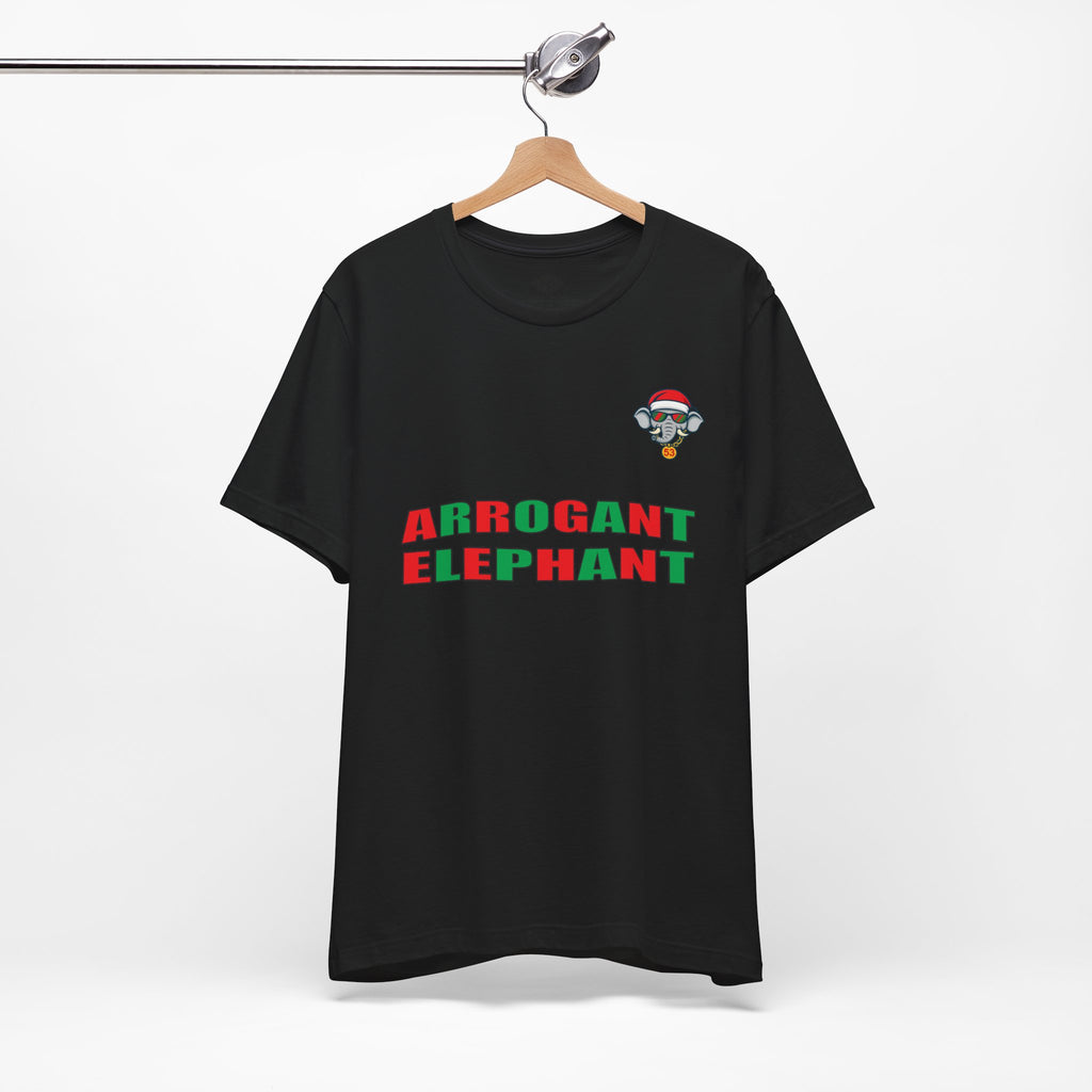 Arrogant Elephant Adult Christmas Tee — Retro Santa Elephant Holiday T-Shirt