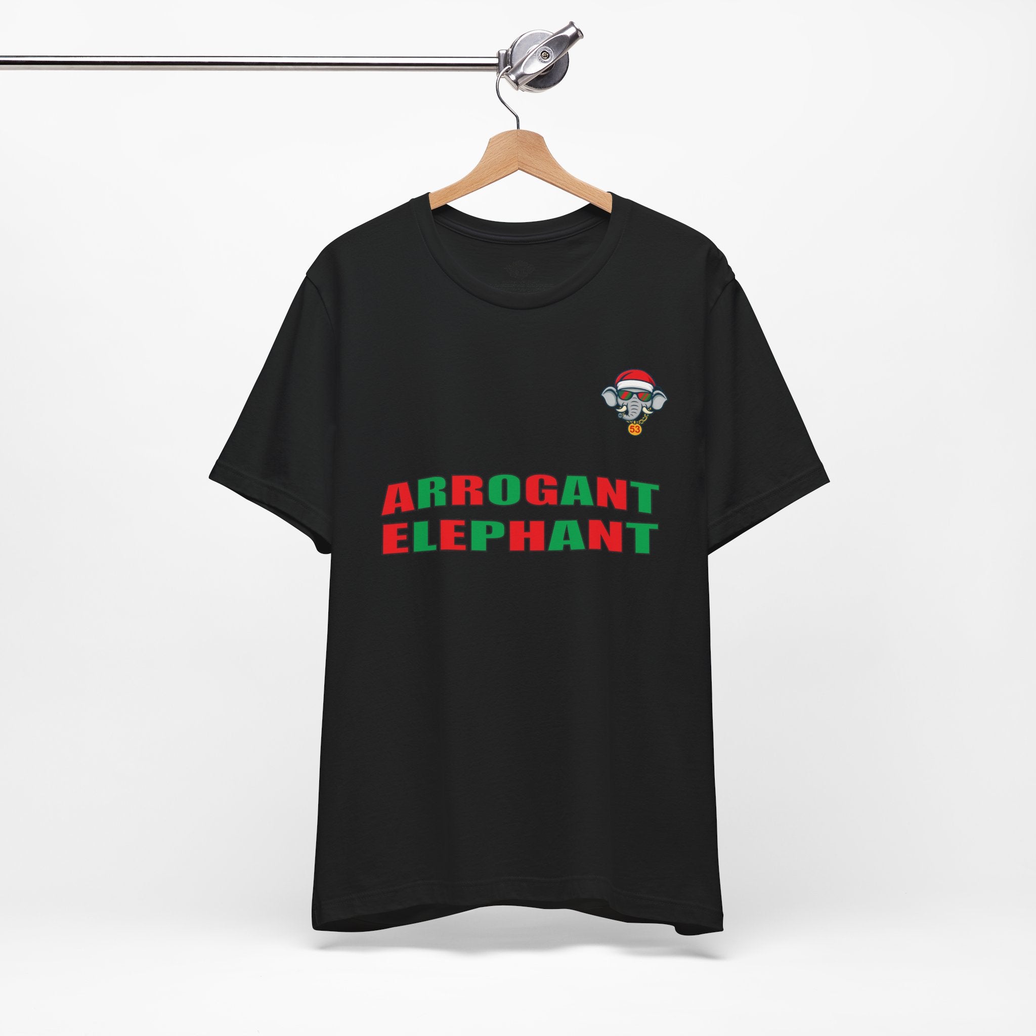 Arrogant Elephant Adult Christmas Tee — Retro Santa Elephant Holiday T-Shirt