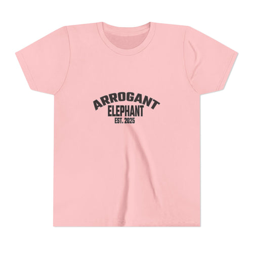 Arrogant Elephant Youth Tee — Retro Collegiate "Arrogant Elephant Est. 2025" Kids Shirt