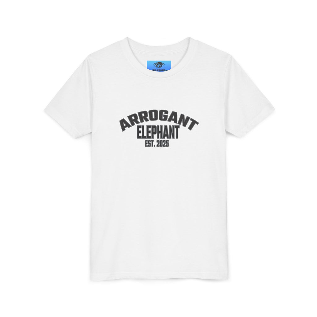 Arrogant Elephant Youth Tee — Retro Collegiate "Arrogant Elephant Est. 2025" Kids Shirt