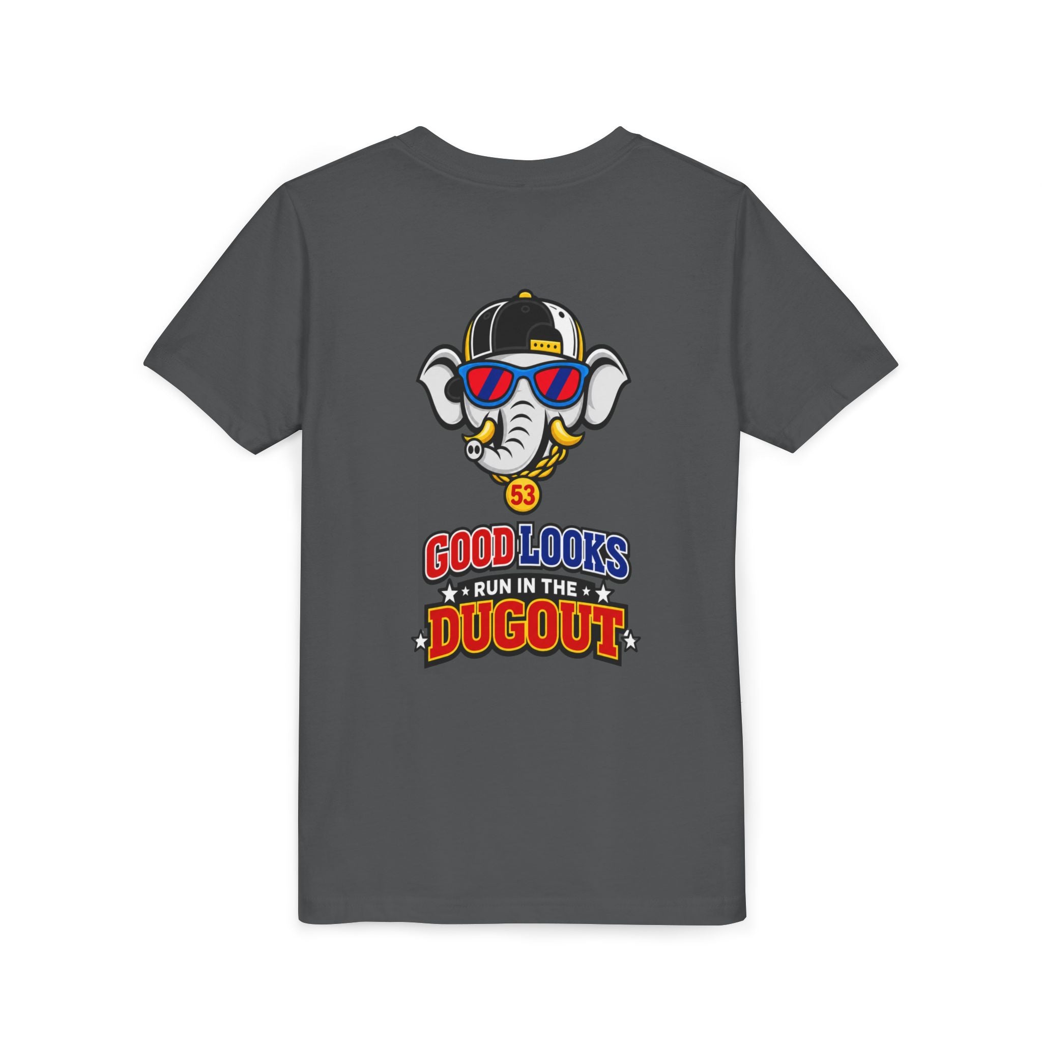 'Good Looks Run in the Dugout' Arrogant Elephant Graphic youth baseball Tee