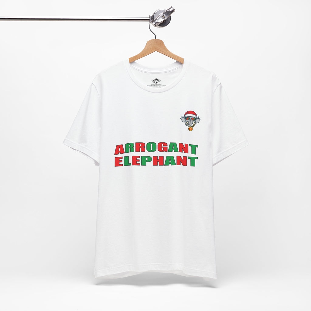 Arrogant Elephant Adult Christmas Tee — Retro Santa Elephant Holiday T-Shirt