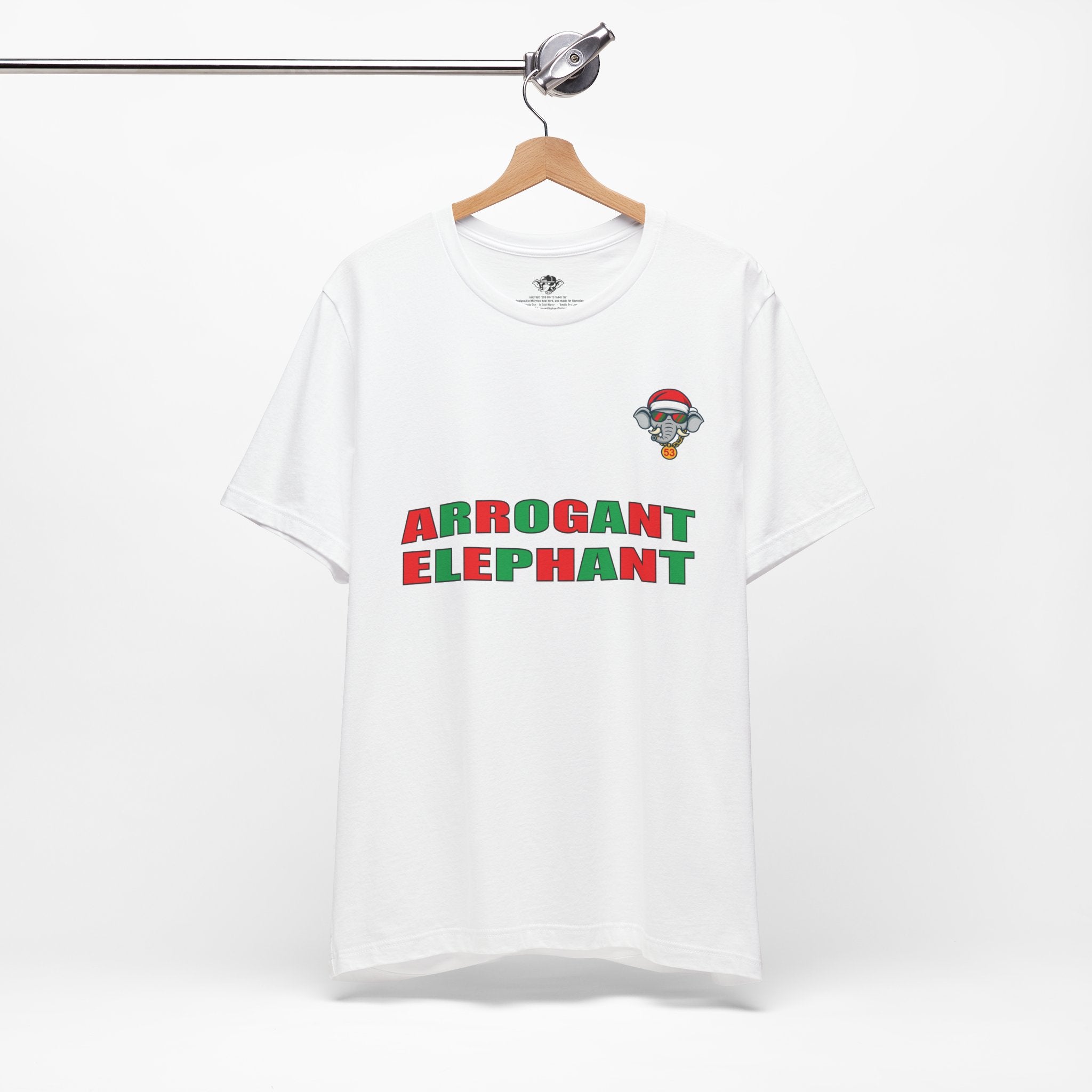 Arrogant Elephant Adult Christmas Tee — Retro Santa Elephant Holiday T-Shirt