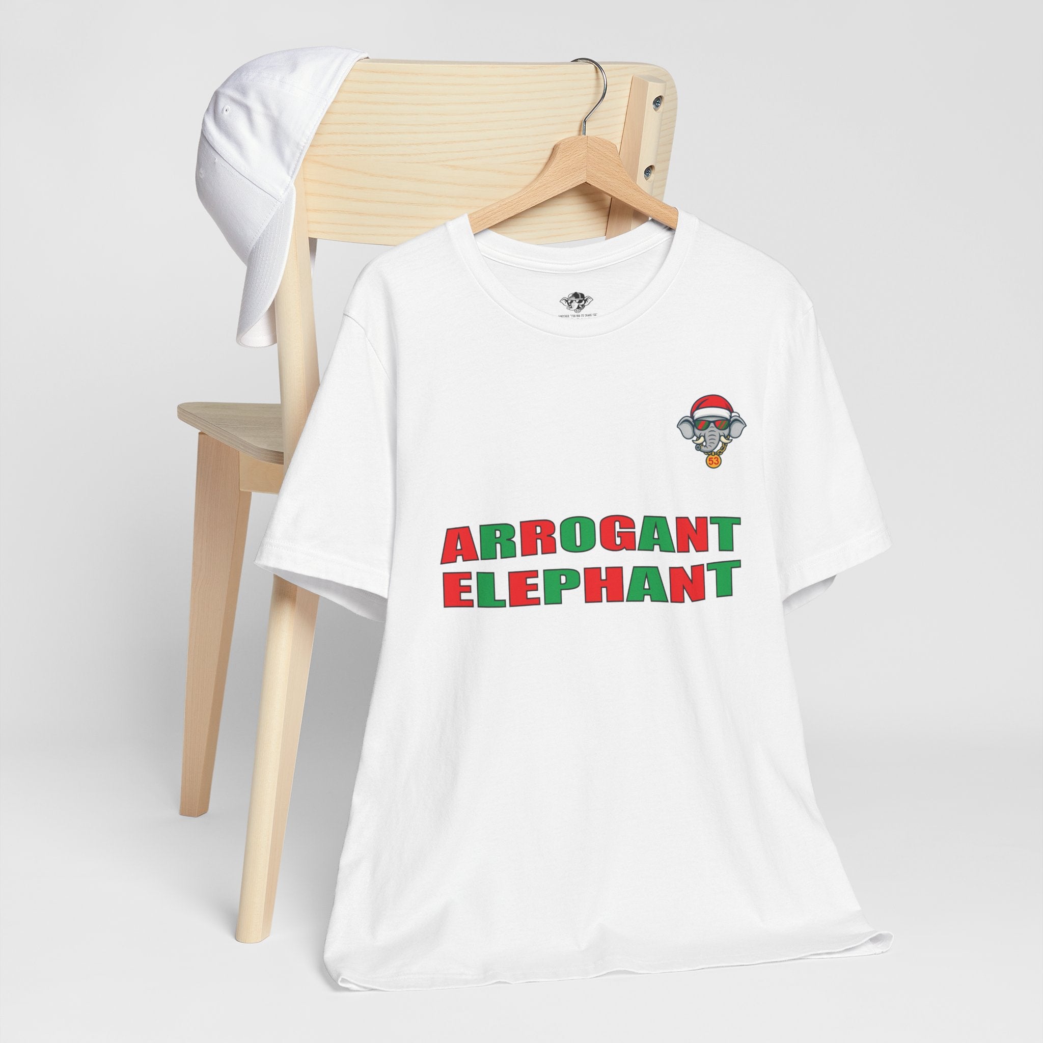 Arrogant Elephant Adult Christmas Tee — Retro Santa Elephant Holiday T-Shirt