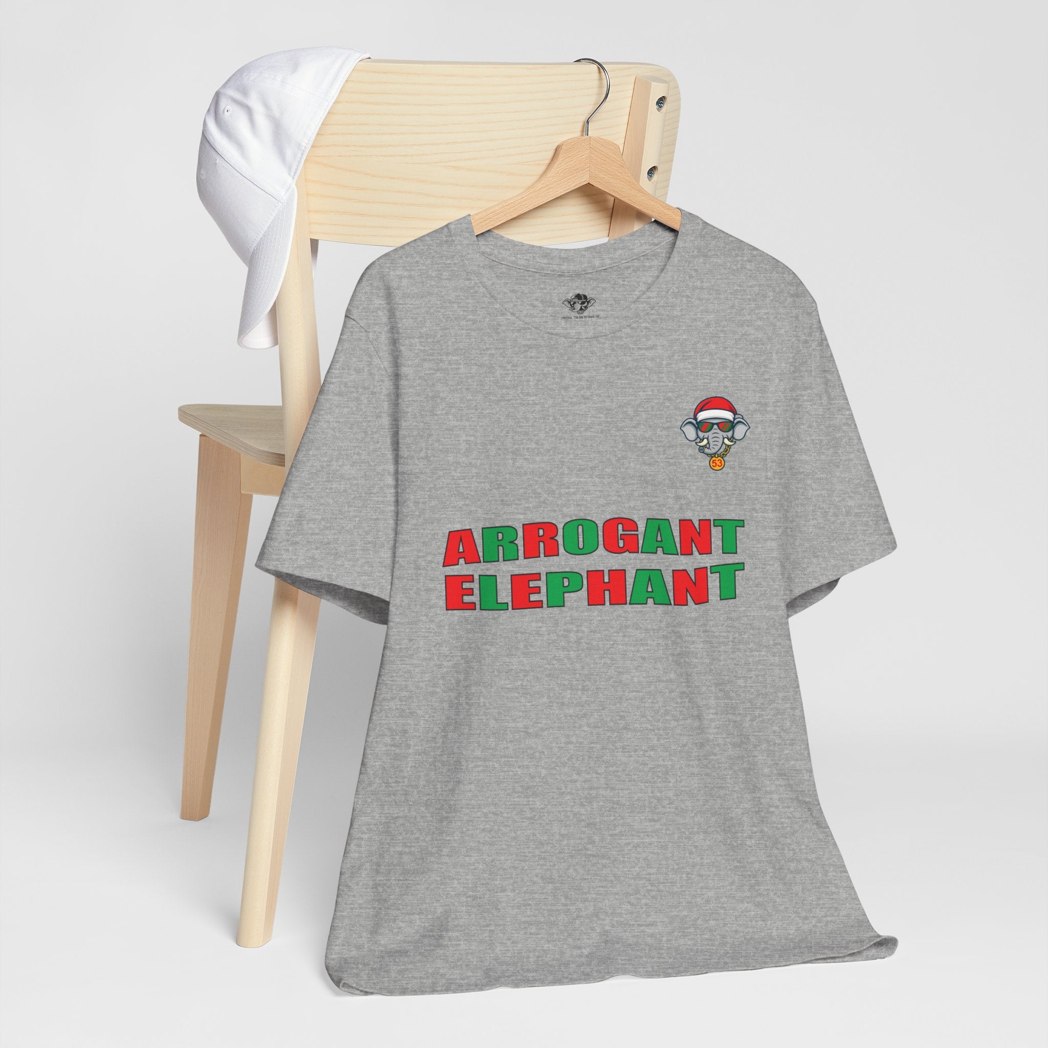 Arrogant Elephant Adult Christmas Tee — Retro Santa Elephant Holiday T-Shirt