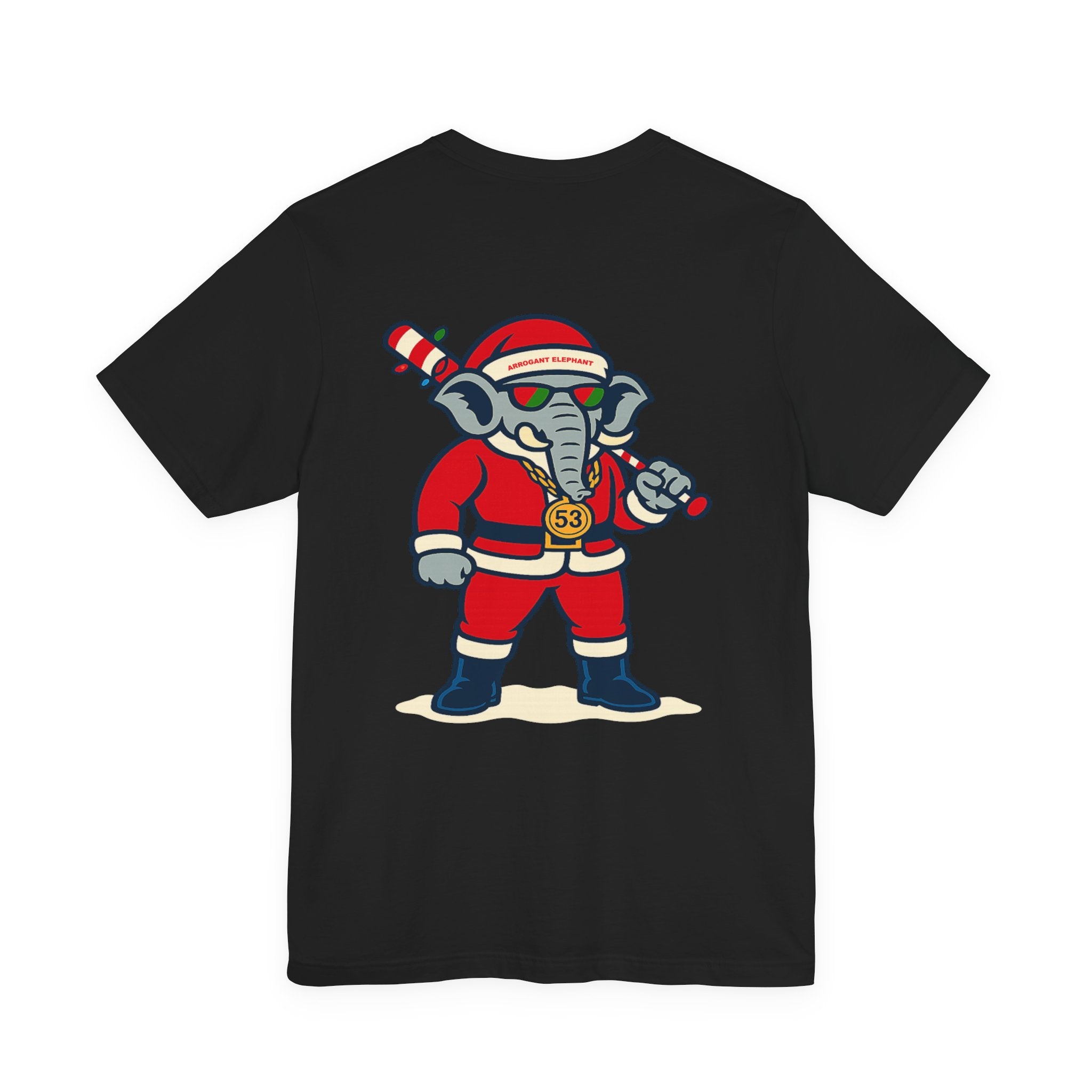 Arrogant Elephant Adult Christmas Tee — Retro Santa Elephant Holiday T-Shirt