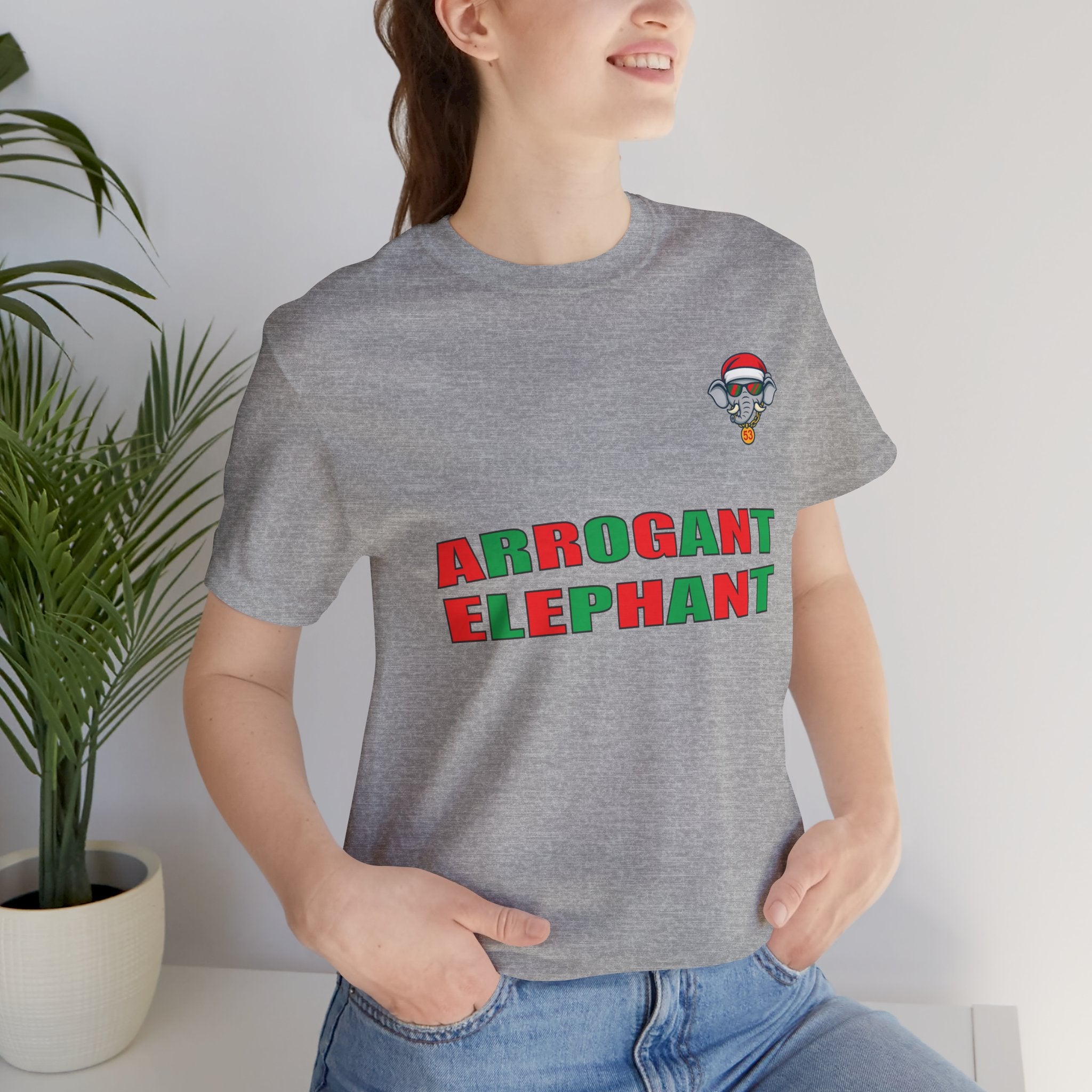 Arrogant Elephant Adult Christmas Tee — Retro Santa Elephant Holiday T-Shirt