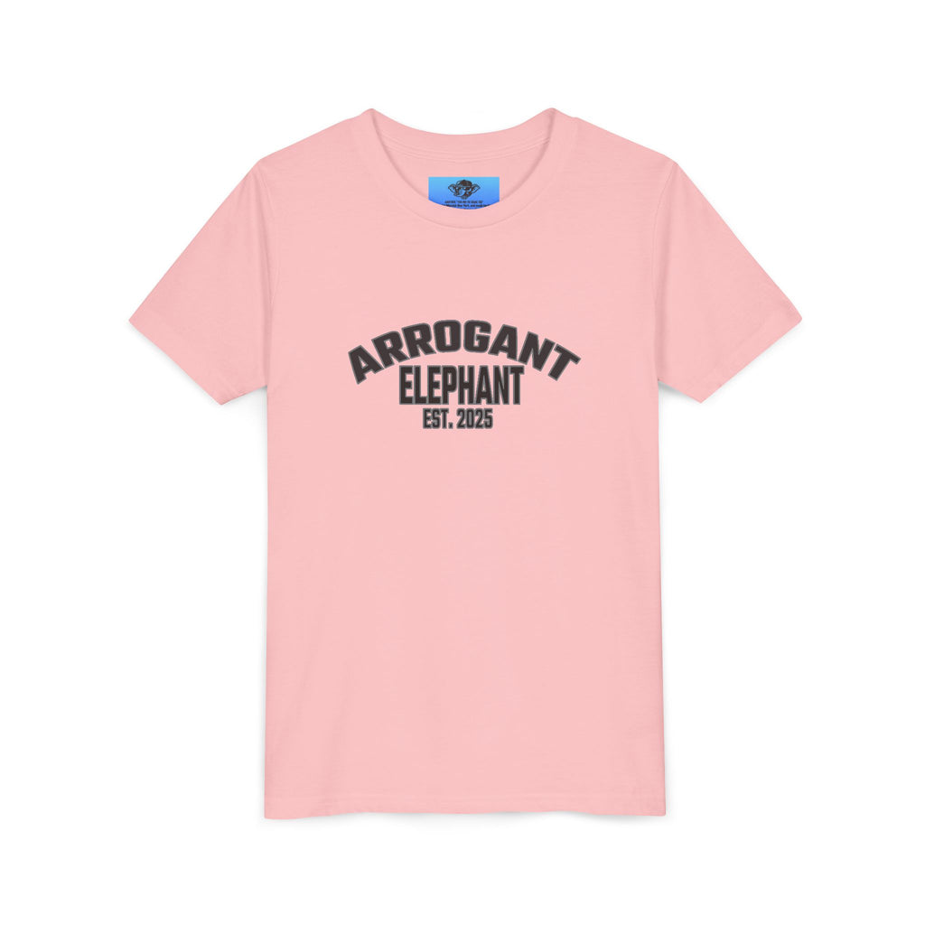 Arrogant Elephant Youth Tee — Retro Collegiate "Arrogant Elephant Est. 2025" Kids Shirt
