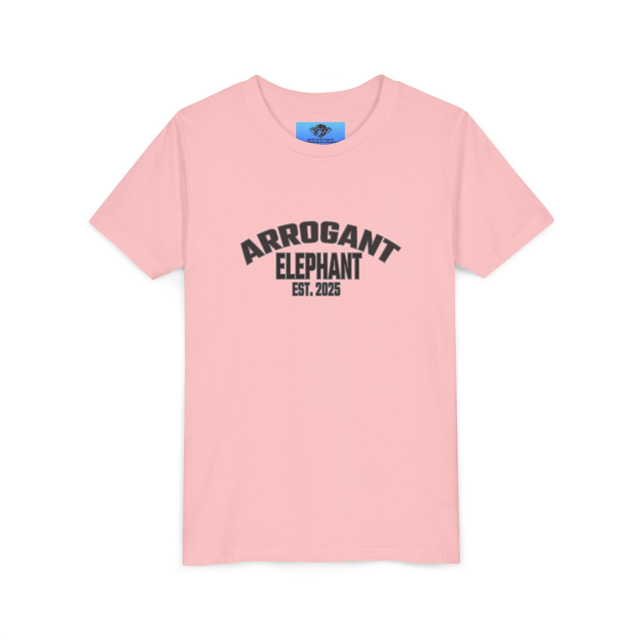 Arrogant Elephant Youth Tee — Retro Collegiate "Arrogant Elephant Est. 2025" Kids Shirt