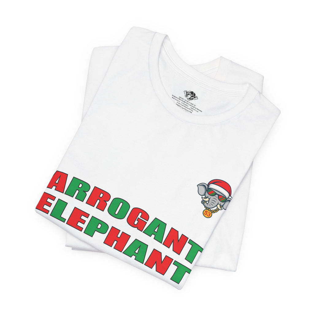 Arrogant Elephant Adult Christmas Tee — Retro Santa Elephant Holiday T-Shirt