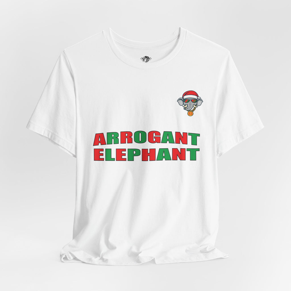 Arrogant Elephant Adult Christmas Tee — Retro Santa Elephant Holiday T-Shirt